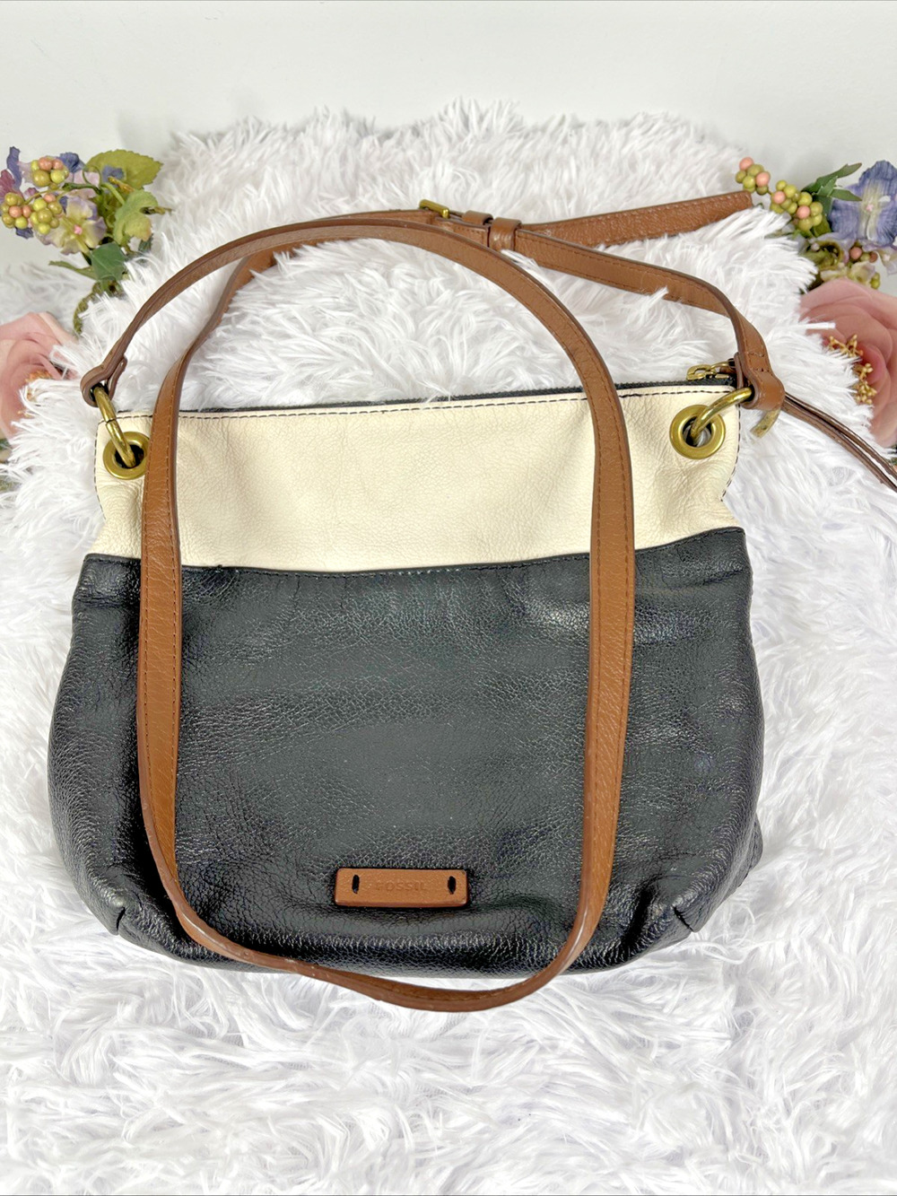 Fossil Black Ivory Brown Leather Crossbody Shoulder Bag Purse Colorblock